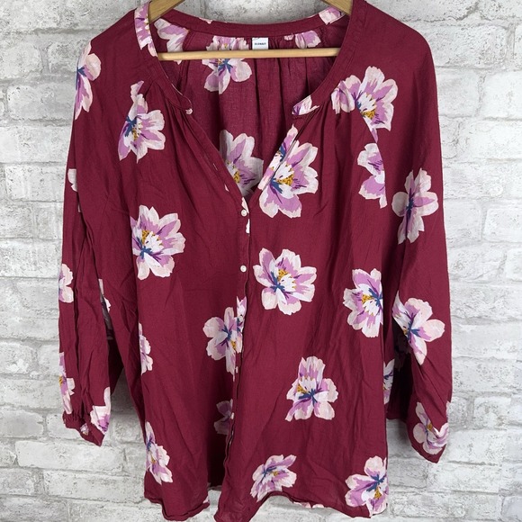 Old Navy Button Front Peasant Blouse Size XXL Vibrant Red Pink Floral Boho - Picture 3 of 12